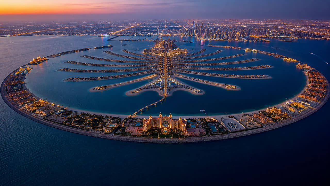 Palm Jumeirah and Dubai skyline for luxury villa construction consultation