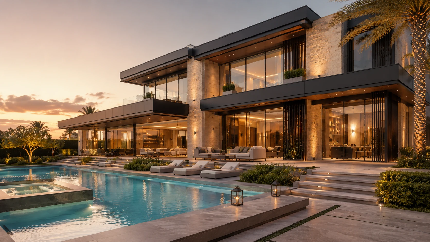 Dubai luxury villa exterior with pool, architectural lighting, landscaping, and terrace works by King Quality Contracting